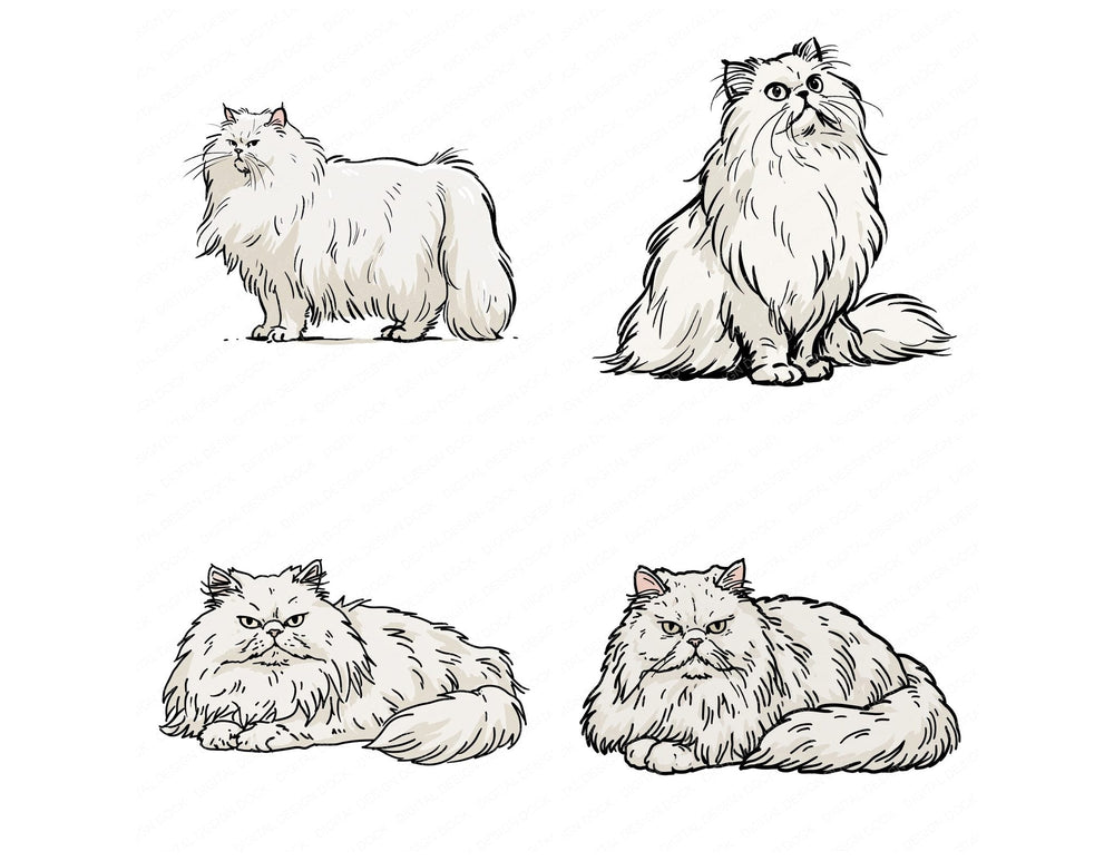 Four Persian Watercolour Cat clipart designs from the set