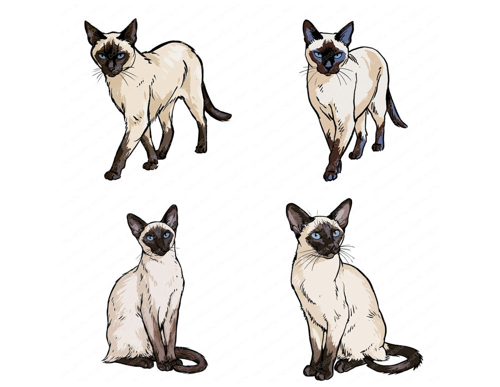 Four Siamese Watercolour Cat clipart designs from the set