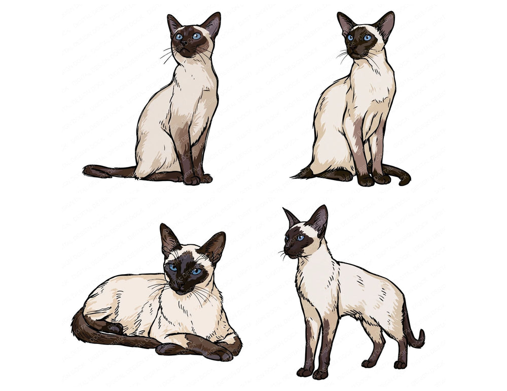 Four more Siamese Watercolour Cat clipart designs from the set