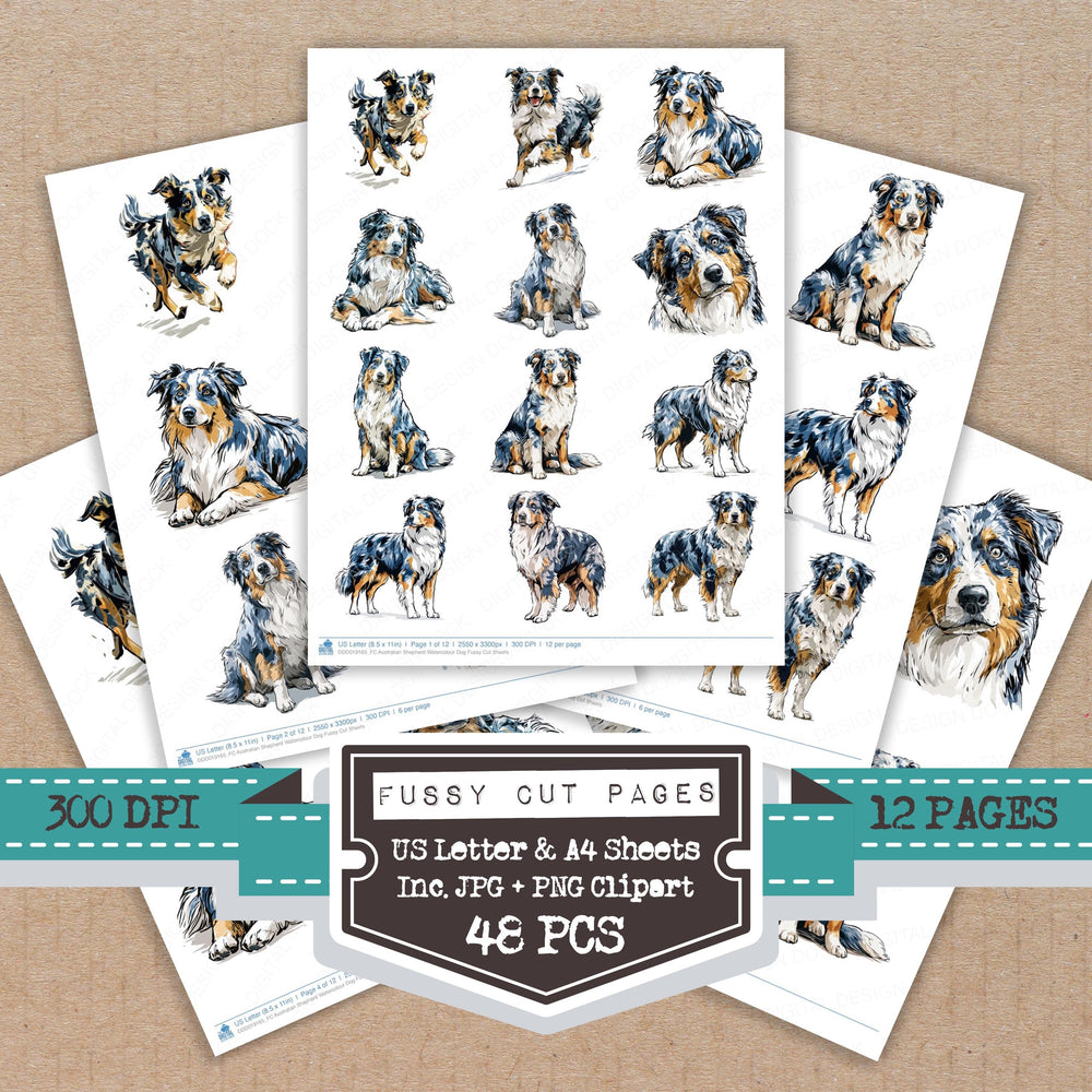 Australian Shepherd Watercolour Dog fussy cut printable sheets for junk journaling, scrapbooking, and paper craft projects