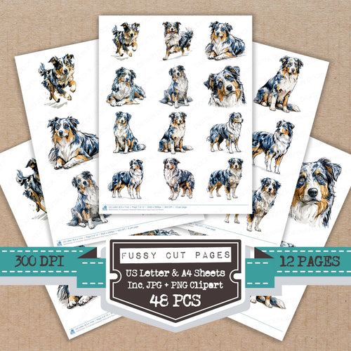 Australian Shepherd Watercolour Dog fussy cut printable sheets for junk journaling, scrapbooking, and paper craft projects