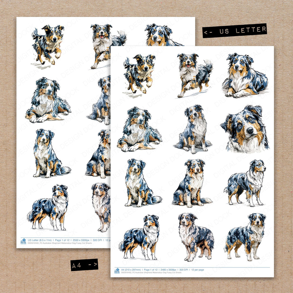 A4 and US Letter format comparison showing Australian Shepherd Watercolour Dog fussy cut pages for print and cut crafting