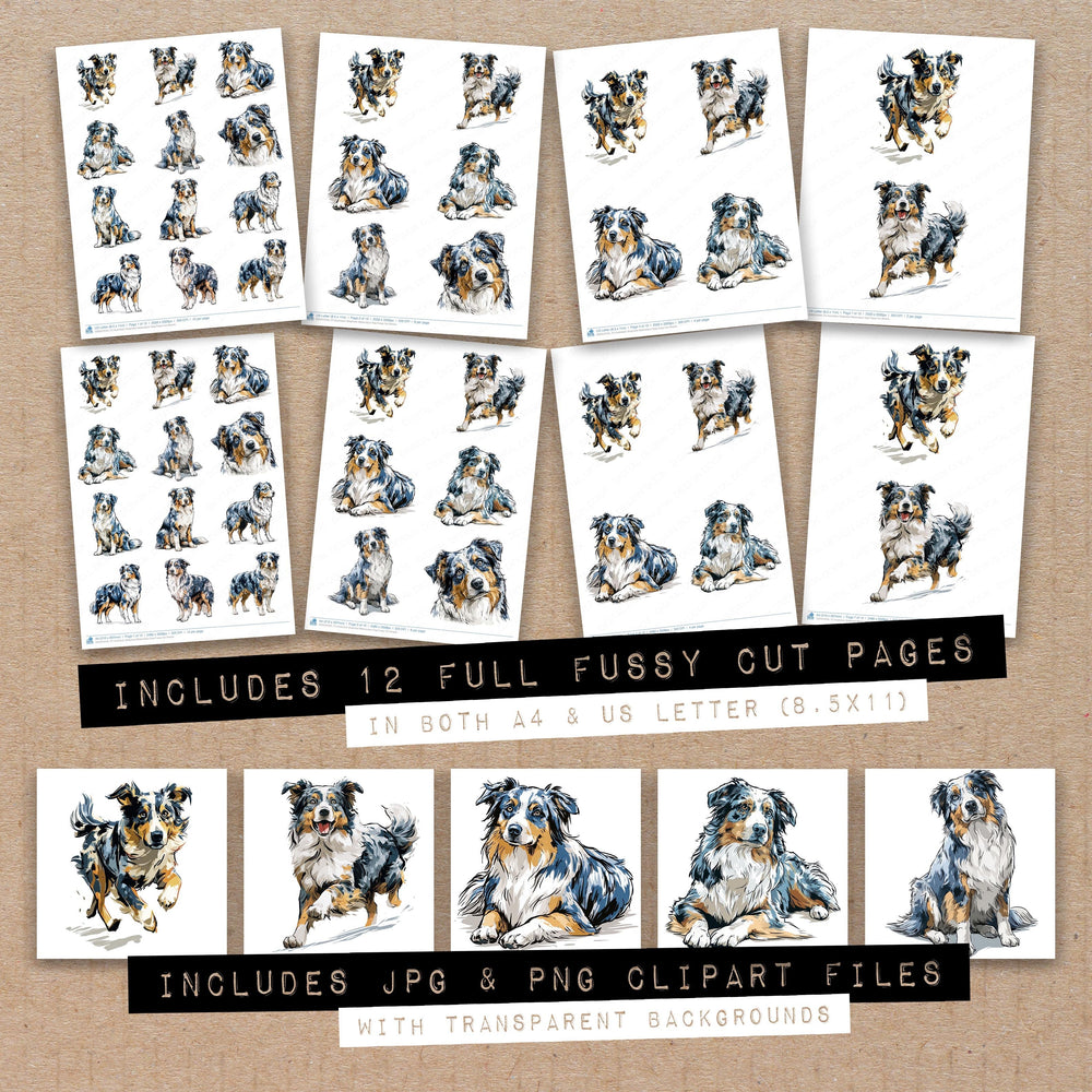 Full collection view of Australian Shepherd Watercolour Dog fussy cut sheets with bonus clipart JPG and PNG files
