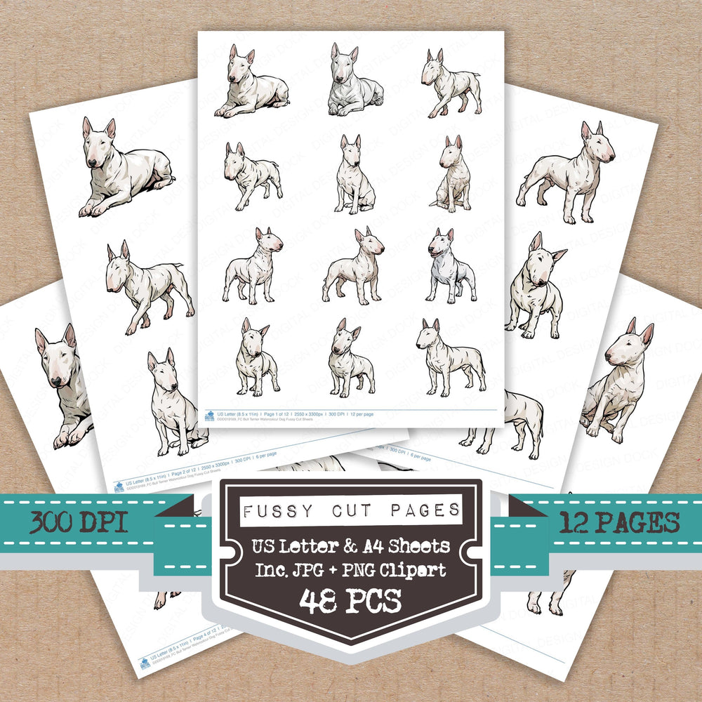 Bull Terrier Watercolour Dog fussy cut printable sheets for junk journaling, scrapbooking, and paper craft projects