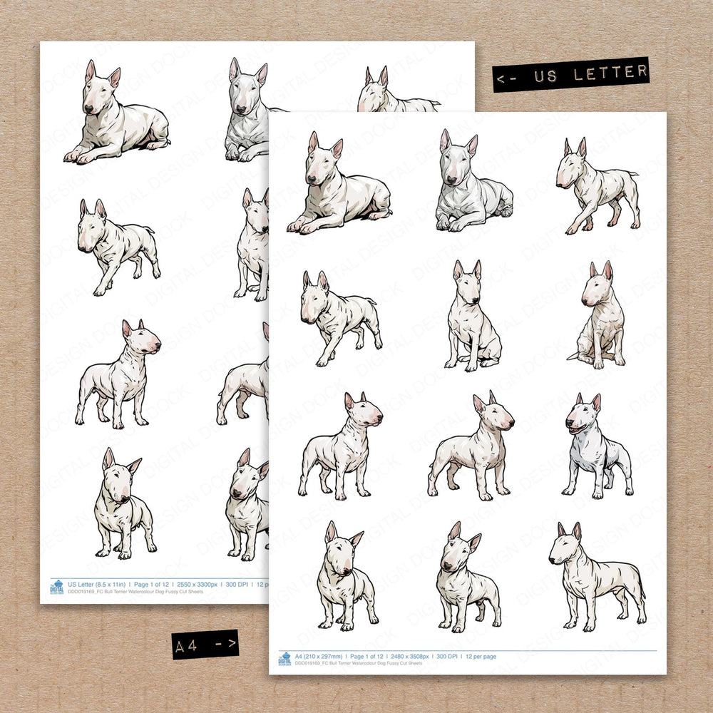 A4 and US Letter format comparison showing Bull Terrier Watercolour Dog fussy cut pages for print and cut crafting