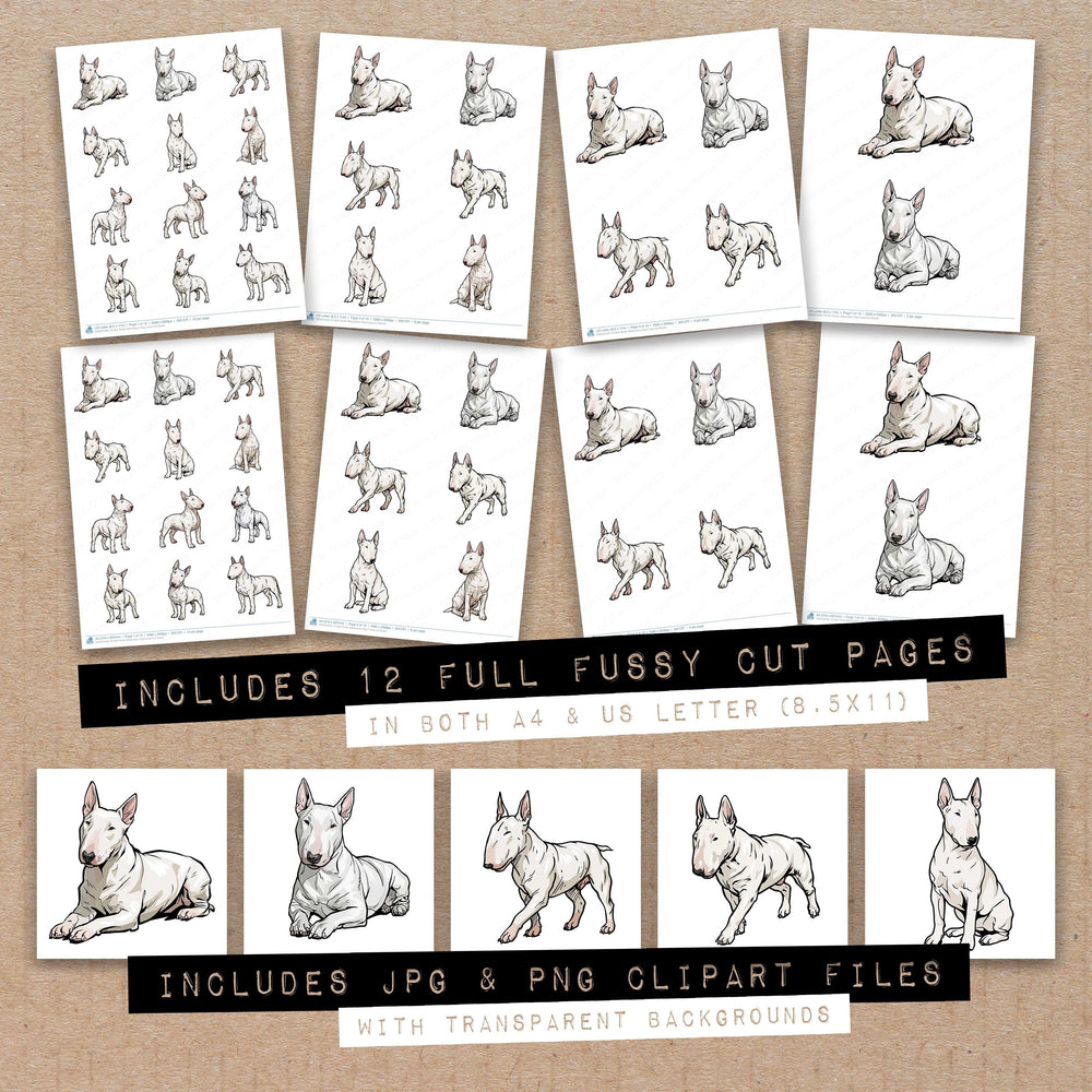 Full collection view of Bull Terrier Watercolour Dog fussy cut sheets with bonus clipart JPG and PNG files