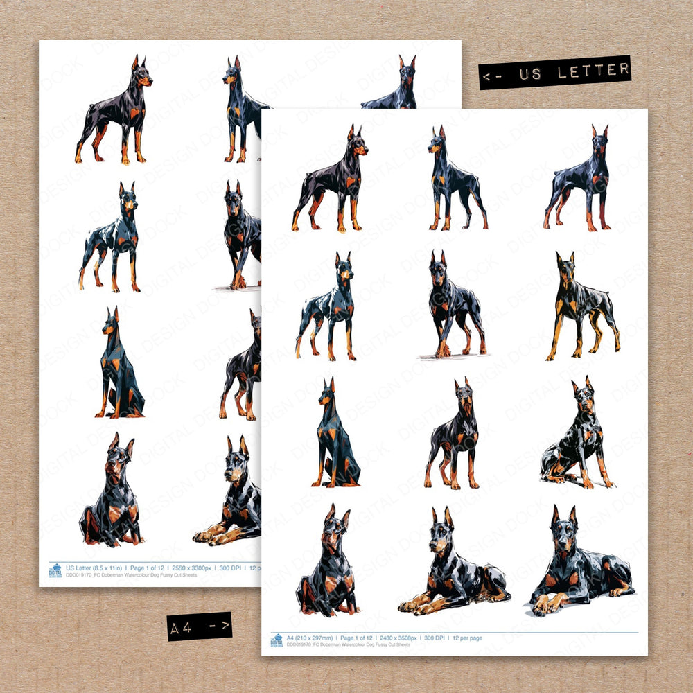 A4 and US Letter format comparison showing Doberman Watercolour Dog fussy cut pages for print and cut crafting