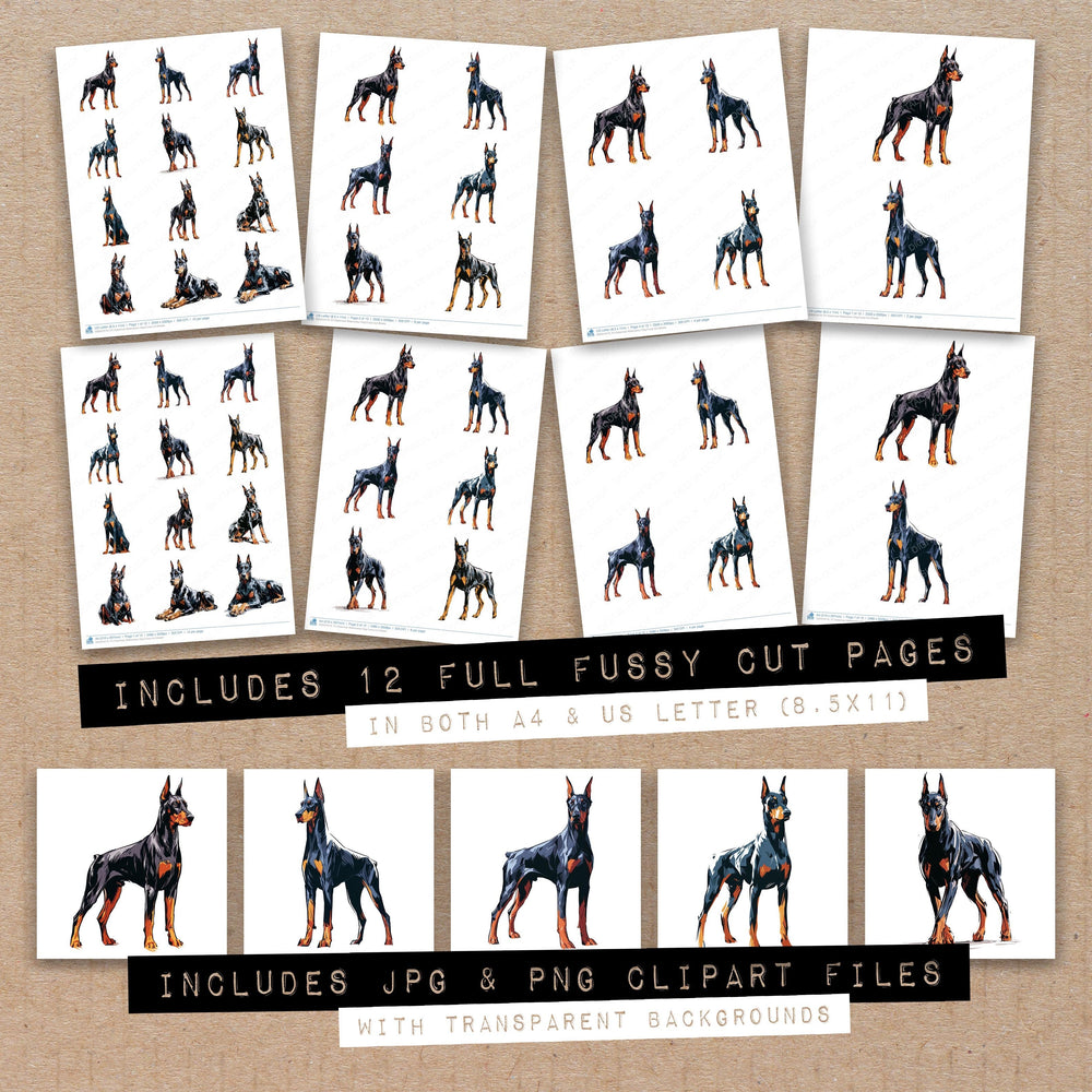 Full collection view of Doberman Watercolour Dog fussy cut sheets with bonus clipart JPG and PNG files