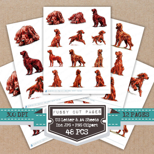 Irish Setter Watercolour Dog fussy cut printable sheets for junk journaling, scrapbooking, and paper craft projects