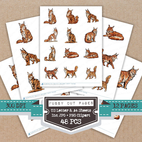 Maine Coon Watercolour Cat fussy cut printable sheets for junk journaling, scrapbooking, and paper craft projects