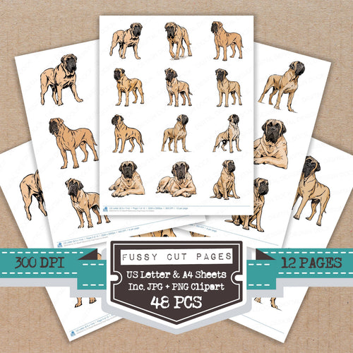 Mastiff Watercolour Dog fussy cut printable sheets for junk journaling, scrapbooking, and paper craft projects