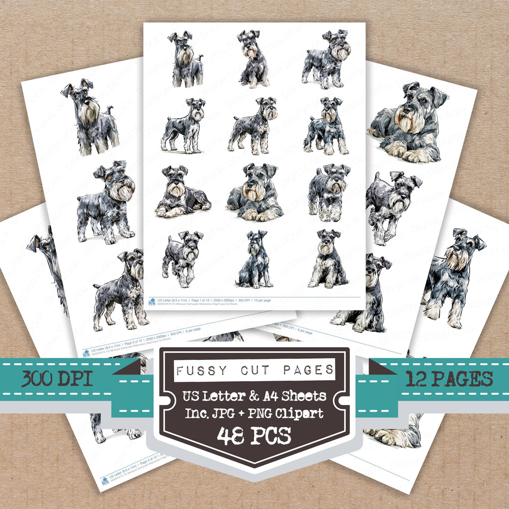 Miniature Schnauzer Watercolour Dog fussy cut printable sheets for junk journaling, scrapbooking, and paper craft projects
