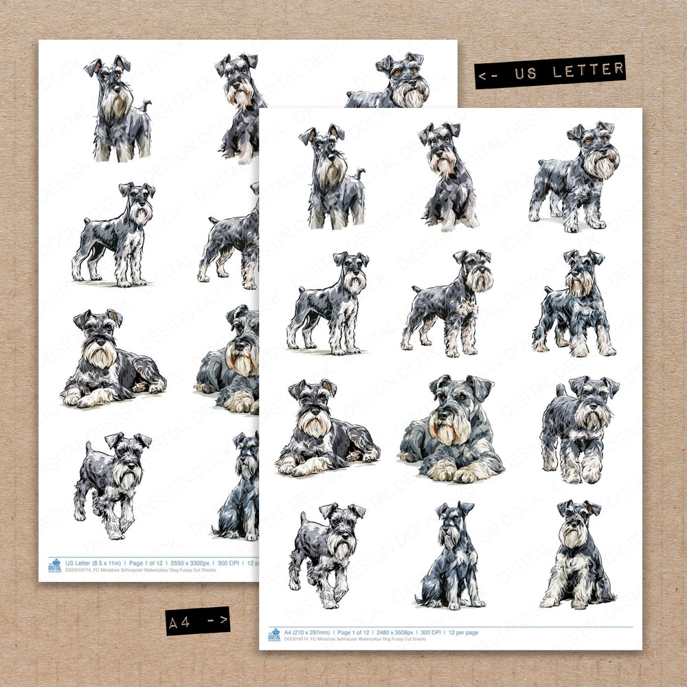 A4 and US Letter format comparison showing Miniature Schnauzer Watercolour Dog fussy cut pages for print and cut crafting
