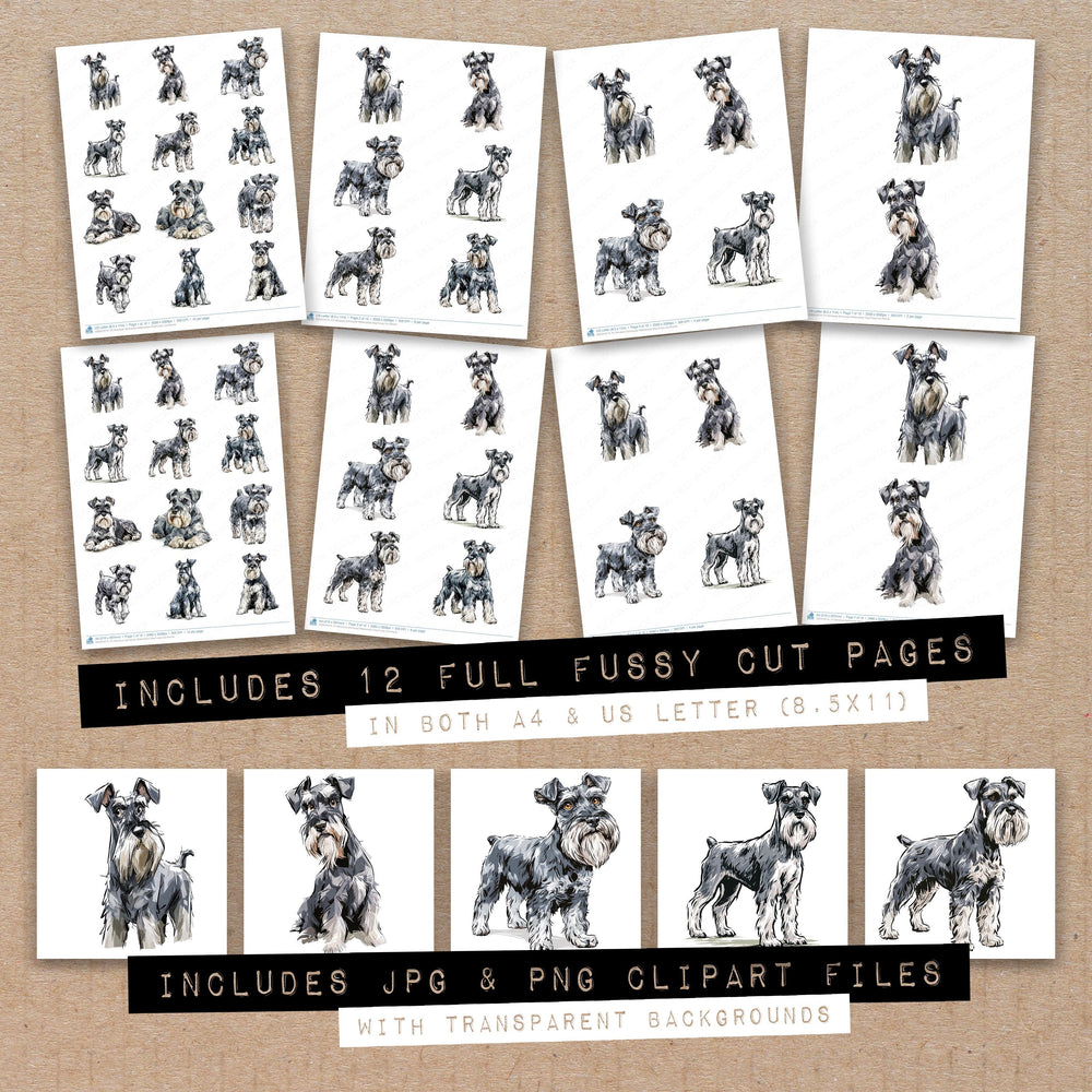 Full collection view of Miniature Schnauzer Watercolour Dog fussy cut sheets with bonus clipart JPG and PNG files