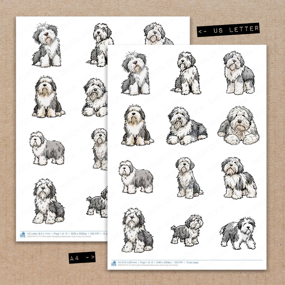 A4 and US Letter format comparison showing Old English Sheepdog Watercolour Dog fussy cut pages for print and cut crafting