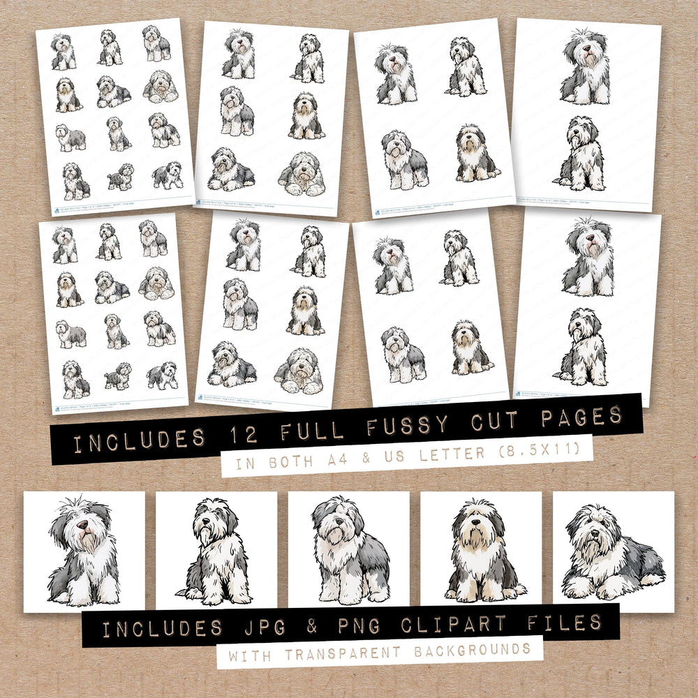 Full collection view of Old English Sheepdog Watercolour Dog fussy cut sheets with bonus clipart JPG and PNG files