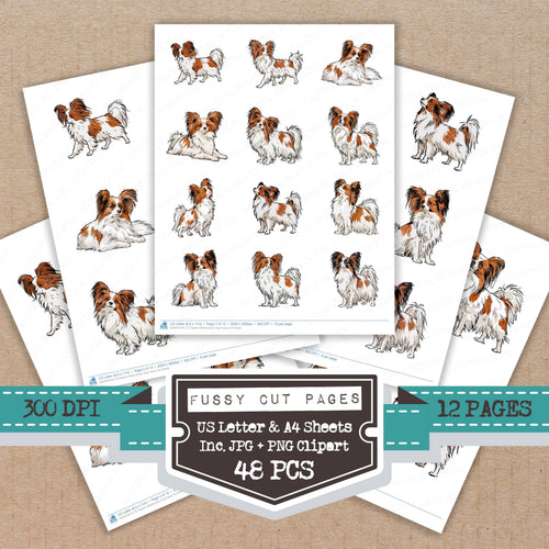Papillon Watercolour Dog fussy cut printable sheets for junk journaling, scrapbooking, and paper craft projects