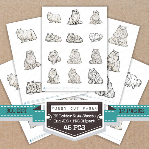 Persian Watercolour Cat fussy cut printable sheets for junk journaling, scrapbooking, and paper craft projects