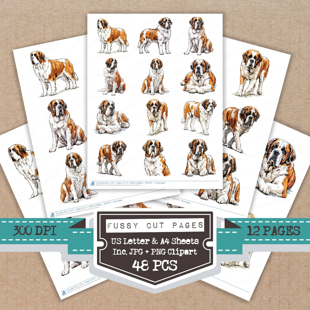 Saint Bernard Watercolour Dog fussy cut printable sheets for junk journaling, scrapbooking, and paper craft projects