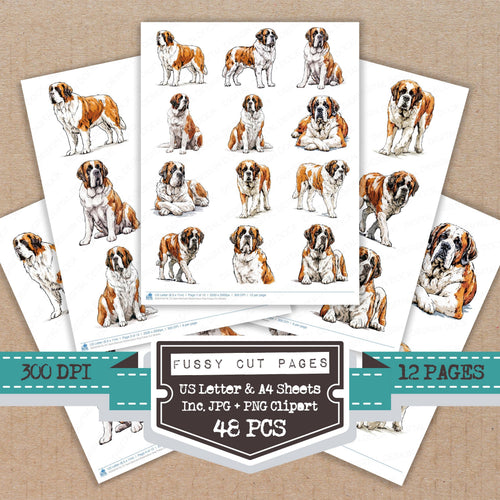 Saint Bernard Watercolour Dog fussy cut printable sheets for junk journaling, scrapbooking, and paper craft projects