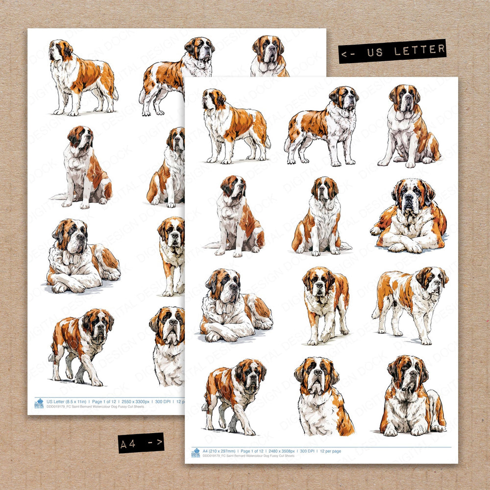 A4 and US Letter format comparison showing Saint Bernard Watercolour Dog fussy cut pages for print and cut crafting
