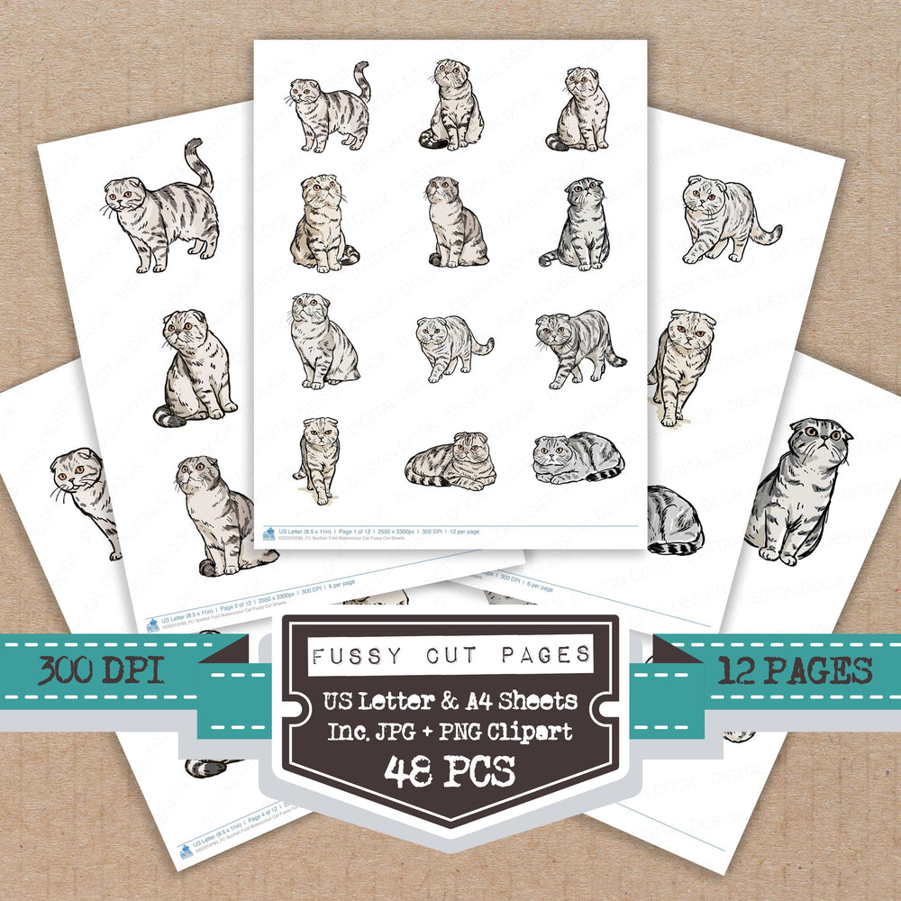 Scottish Fold Watercolour Cat fussy cut printable sheets for junk journaling, scrapbooking, and paper craft projects