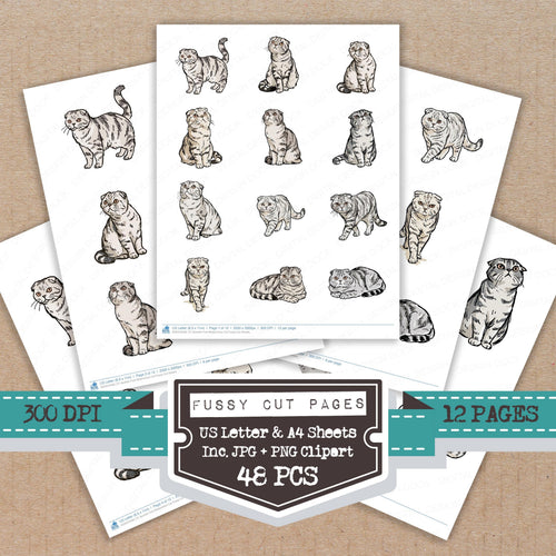 Scottish Fold Watercolour Cat fussy cut printable sheets for junk journaling, scrapbooking, and paper craft projects