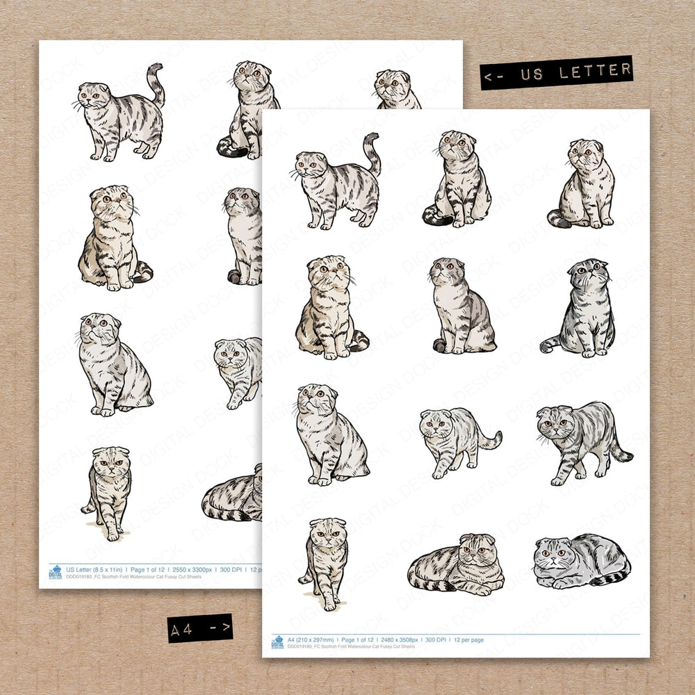 A4 and US Letter format comparison showing Scottish Fold Watercolour Cat fussy cut pages for print and cut crafting