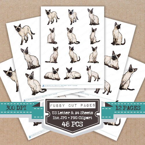 Siamese Watercolour Cat fussy cut printable sheets for junk journaling, scrapbooking, and paper craft projects