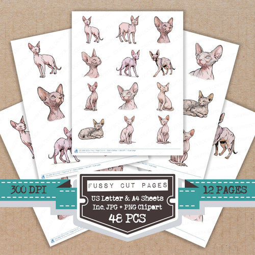 Sphynx Watercolour Cat fussy cut printable sheets for junk journaling, scrapbooking, and paper craft projects