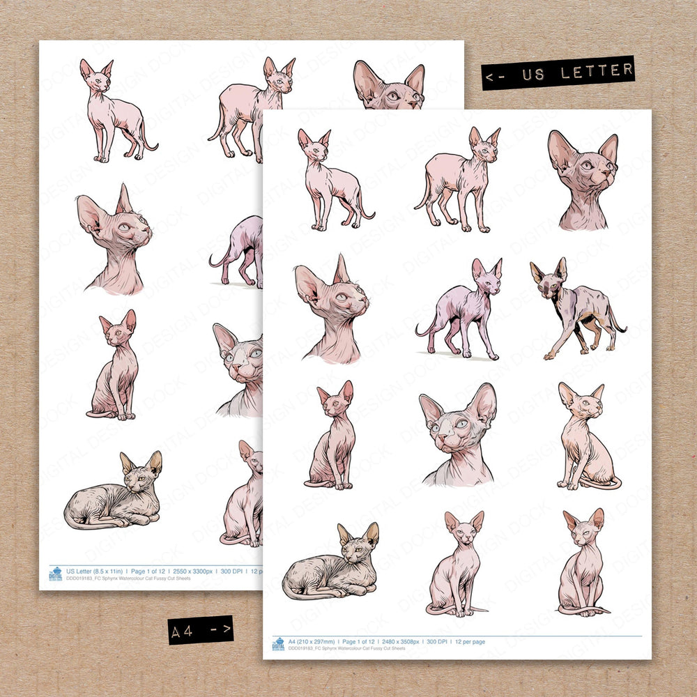 A4 and US Letter format comparison showing Sphynx Watercolour Cat fussy cut pages for print and cut crafting