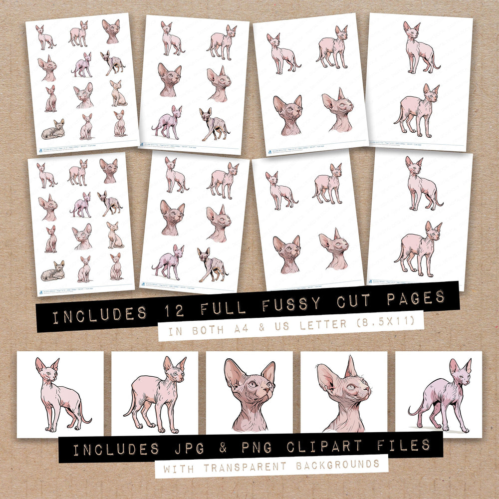 Full collection view of Sphynx Watercolour Cat fussy cut sheets with bonus clipart JPG and PNG files