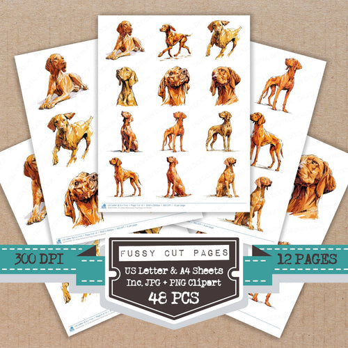 Vizsla Watercolour Dog fussy cut printable sheets for junk journaling, scrapbooking, and paper craft projects