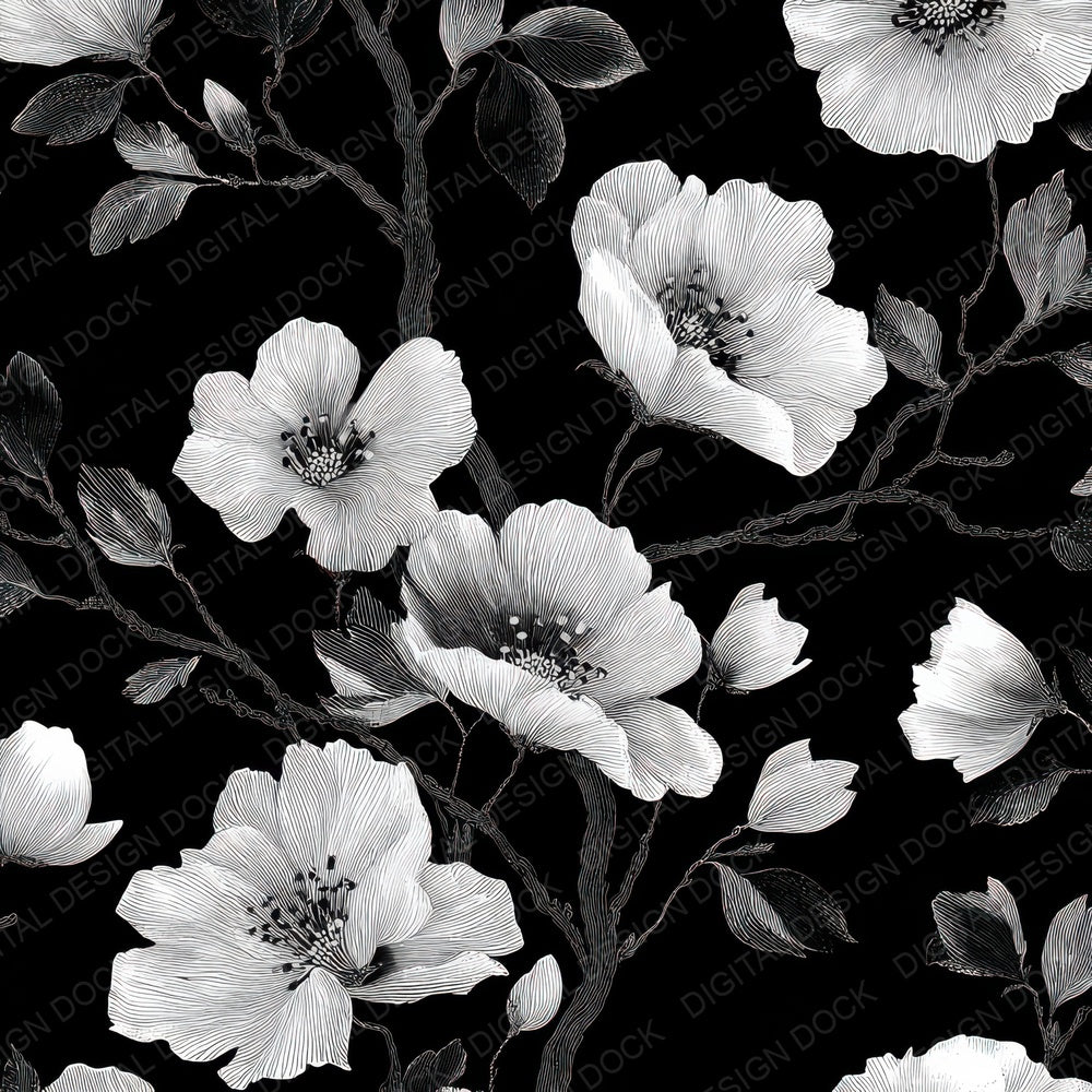 Balck Japanese Ink Floral Background Digital Paper Pack (DDD007850)