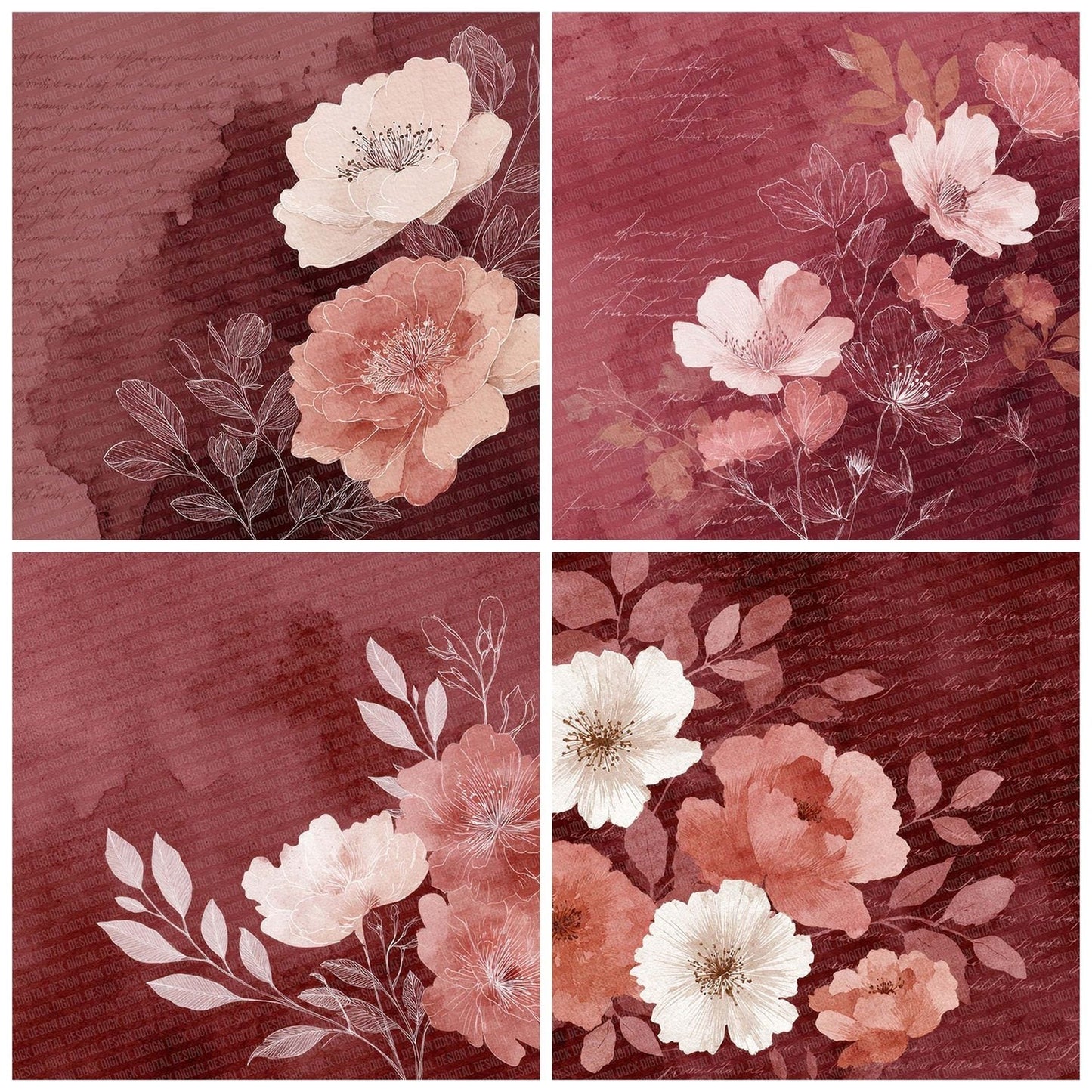 Burgundy Blush Watercolour Wash Floral Digital Paper Pack (DDD000736)