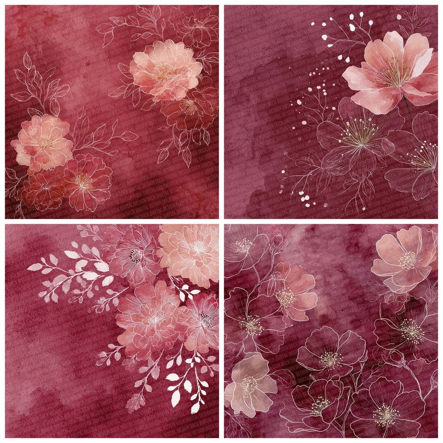 Burgundy Blush Watercolour Wash Floral Digital Paper Pack (DDD000736)