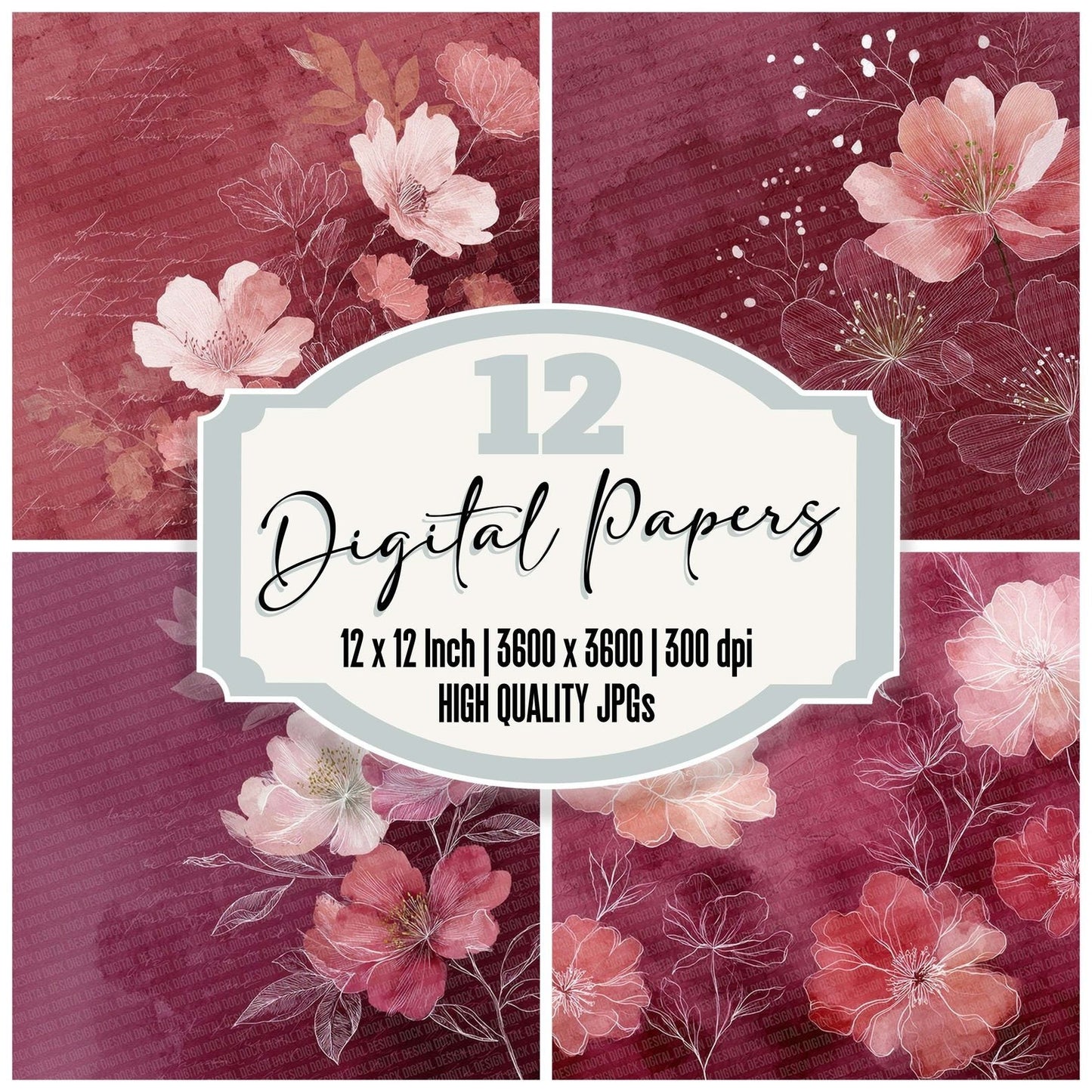 Burgundy Blush Watercolour Wash Floral Digital Paper Pack (DDD000736)