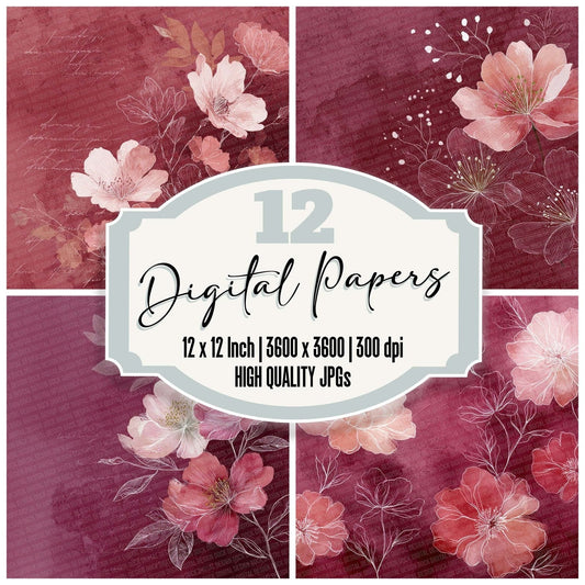Burgundy Blush Watercolour Wash Floral Digital Paper Pack (DDD000736)