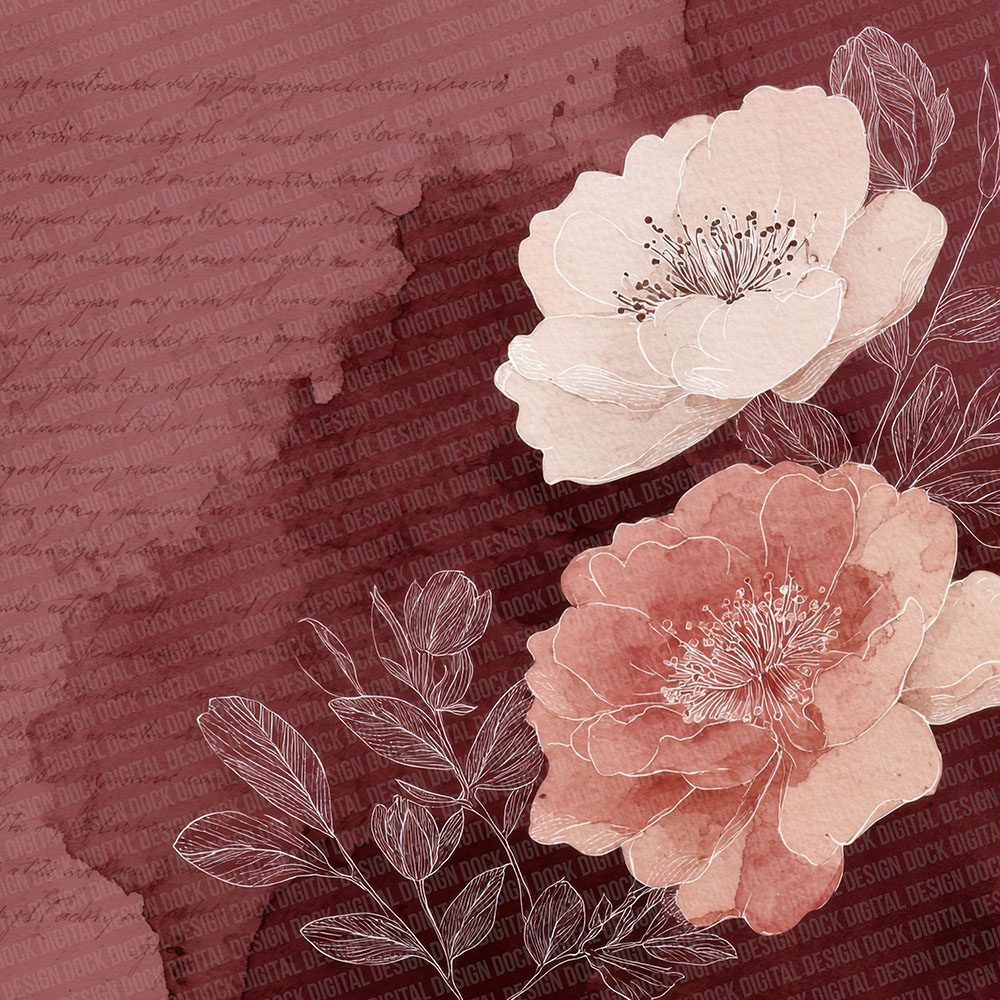 Burgundy Blush Watercolour Wash Floral Digital Paper Pack (DDD000736)