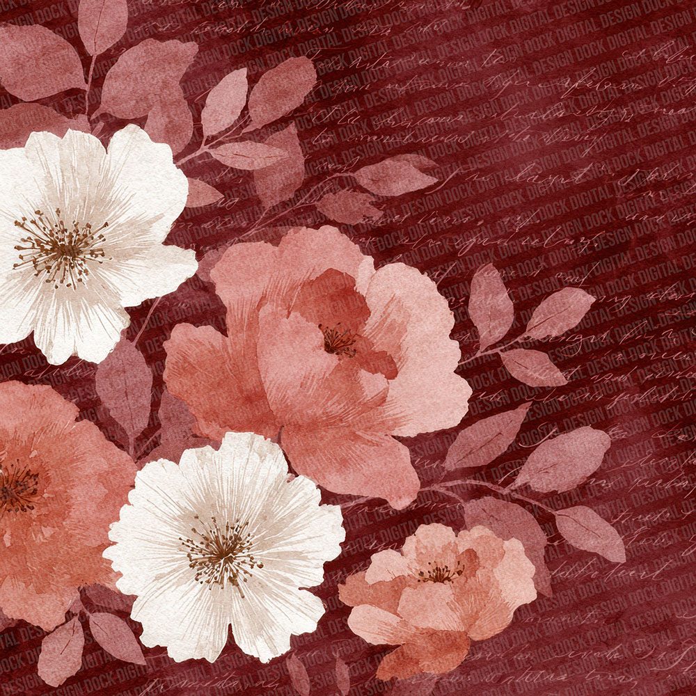 Burgundy Blush Watercolour Wash Floral Digital Paper Pack (DDD000736)