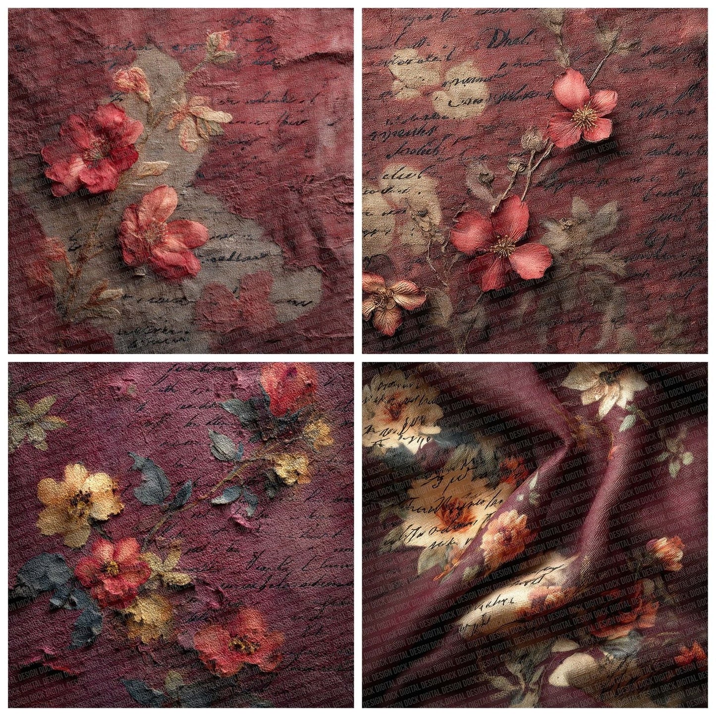 Burgundy Umber Fabric Layer Floral Script Digital Paper Pack (DDD000739)