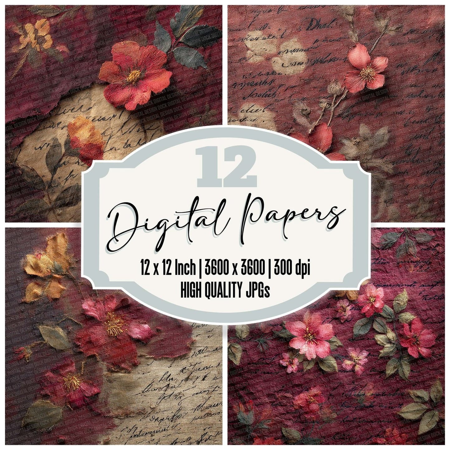 Burgundy Umber Fabric Layer Floral Script Digital Paper Pack (DDD000739)