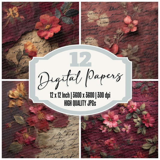 Burgundy Umber Fabric Layer Floral Script Digital Paper Pack (DDD000739)