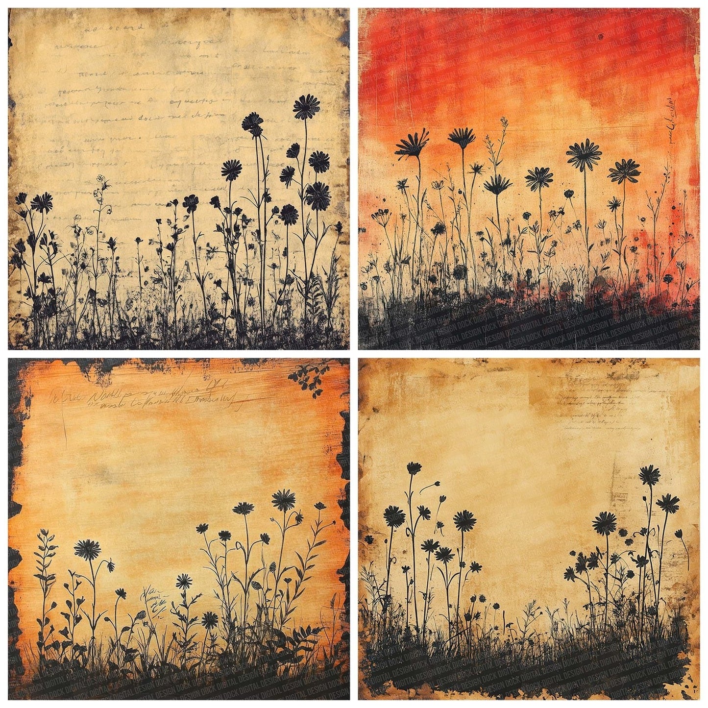Burnt Sienna Ink Flower Digital Paper Pack (DDD000752)