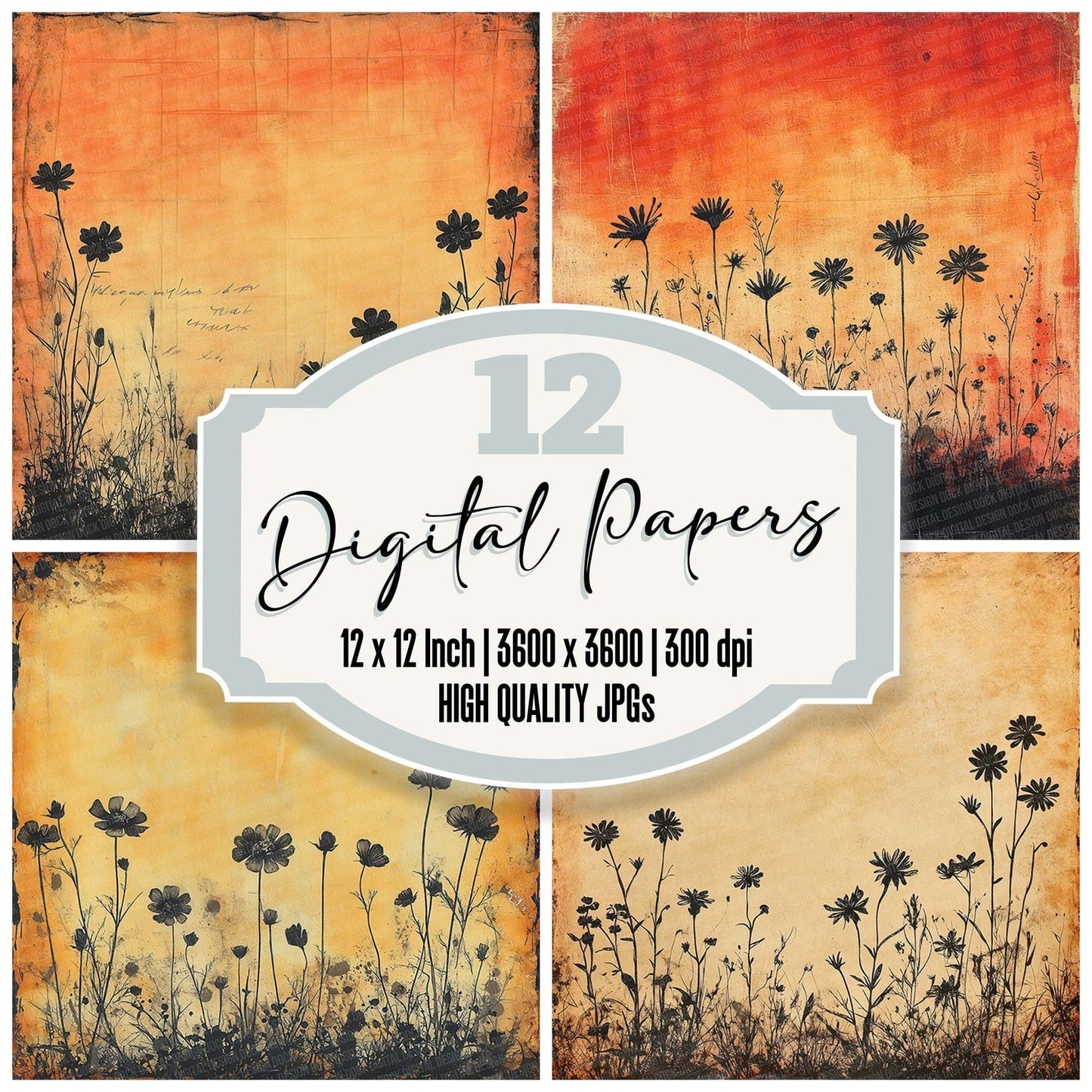Burnt Sienna Ink Flower Digital Paper Pack (DDD000752)