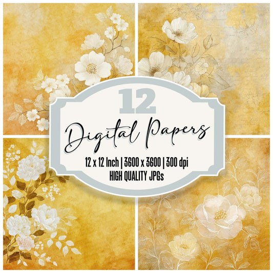 Butter Yellow Watercolour Wash Floral Digital Paper Pack (DDD000758)