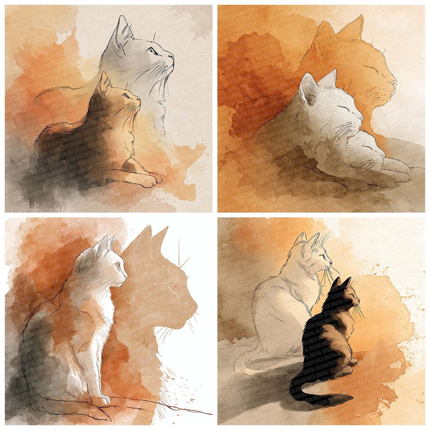 Caramel Cat LineArt Wash Digital Paper Pack (DDD000794)