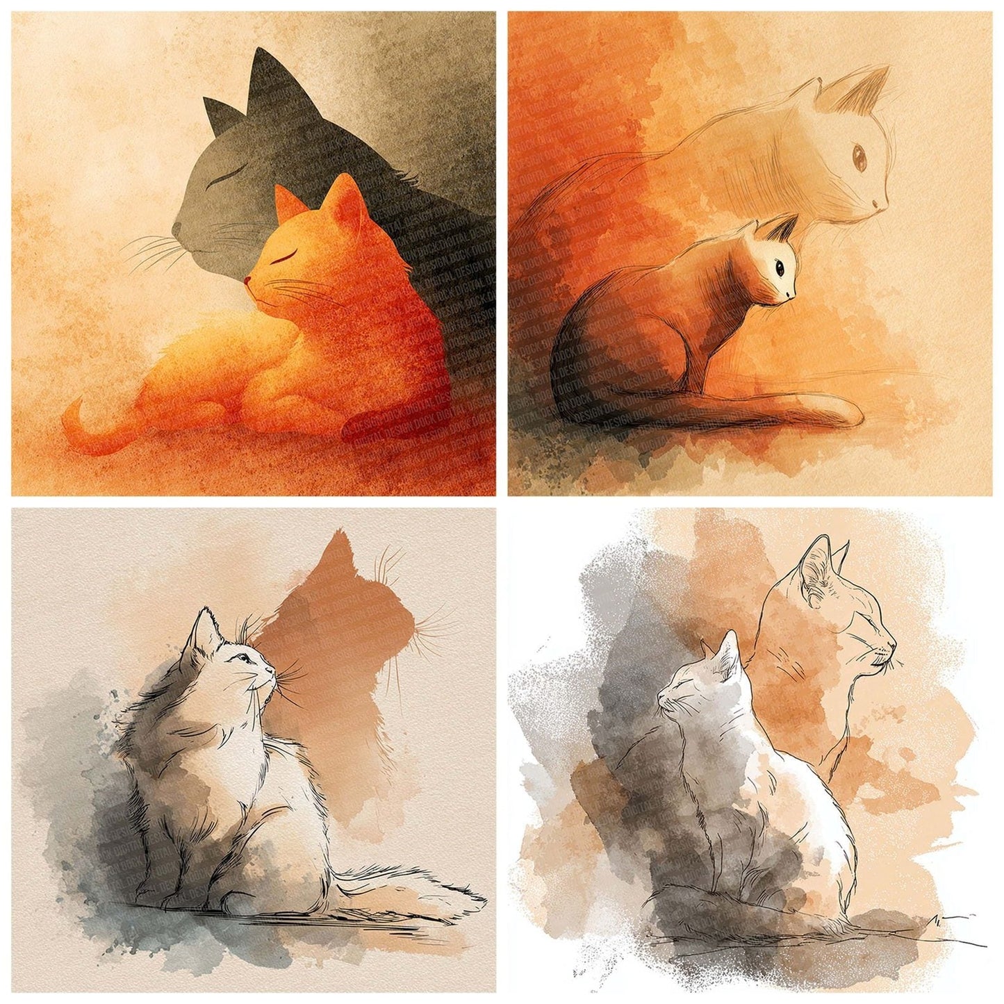 Caramel Cat LineArt Wash Digital Paper Pack (DDD000794)