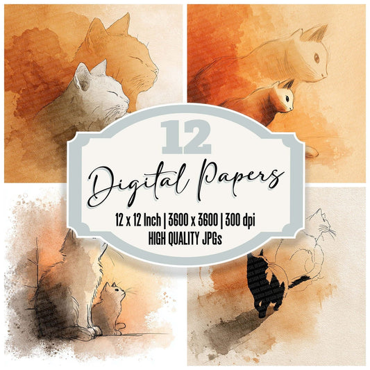 Caramel Cat LineArt Wash Digital Paper Pack (DDD000794)