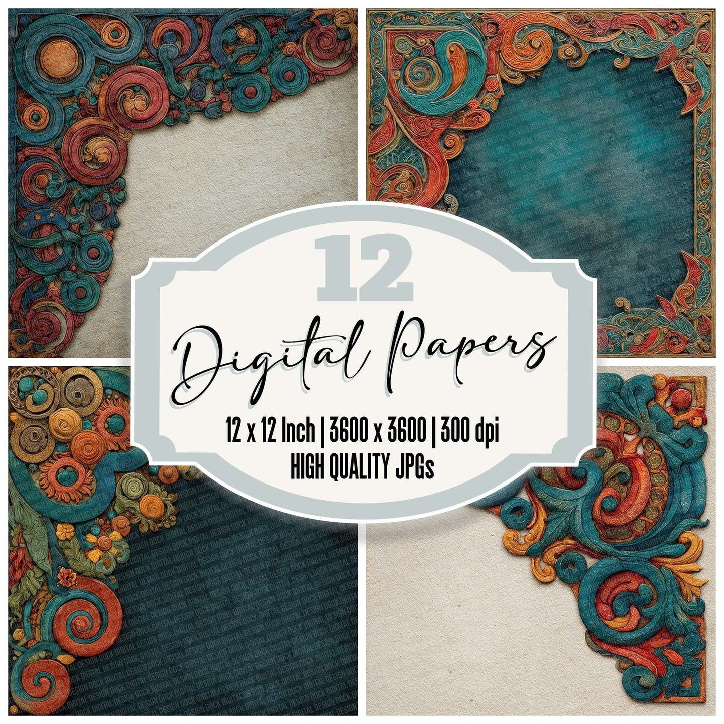 Celtic Manuscript Teal Rust Digital Paper Pack (DDD000839)